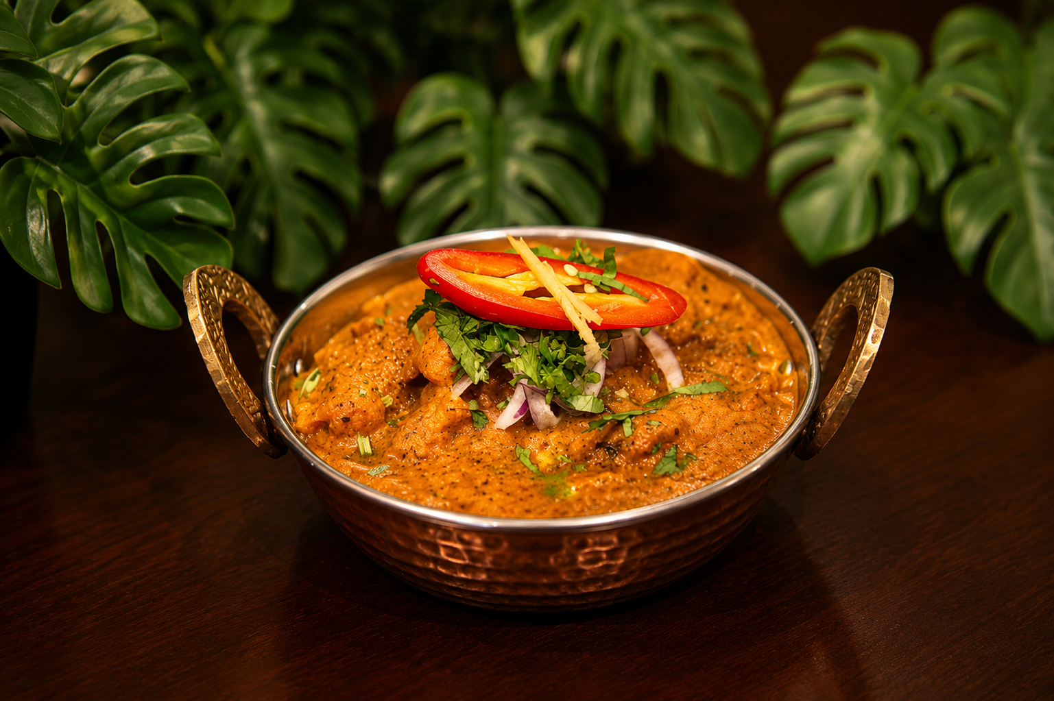 Chicken tikka masala in a hammered copper kadai topped with coriander, red onion, ginger and a slice of red chilli, monstera leaves behind