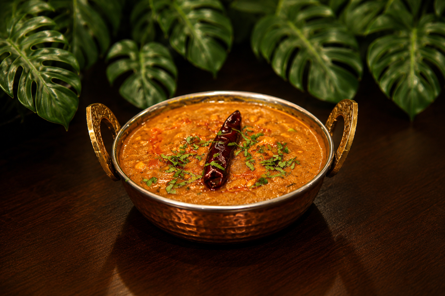 Daal tadka in a copper kadai topped with a dried red chilli and chopped coriander, monstera leaves behind