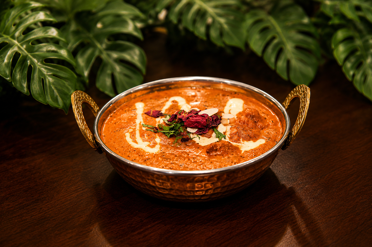Kadai paneer in a copper kadai with a cream drizzle, dried rose petals, flaked almonds and coriander