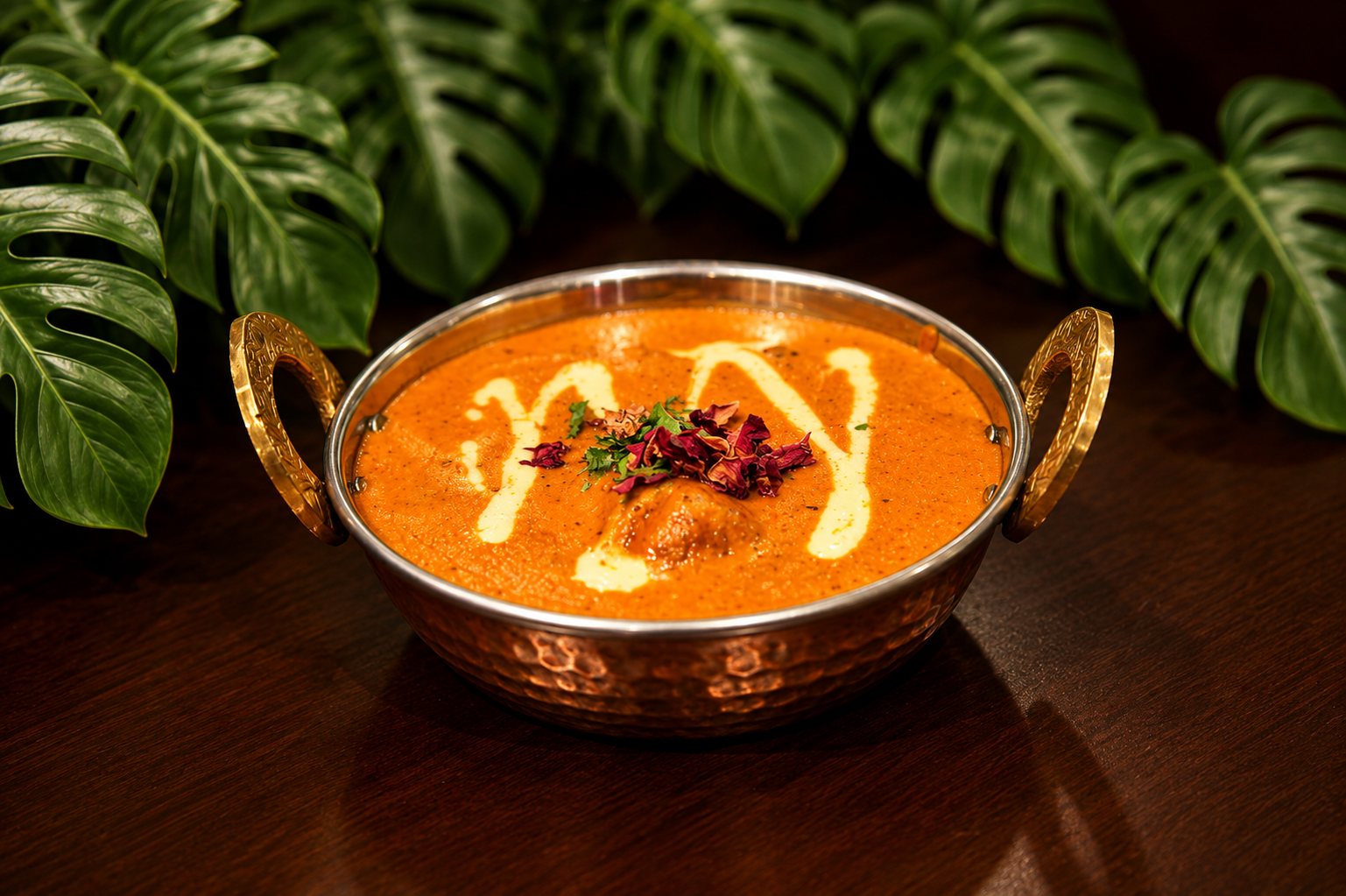 Malai kofta in a hammered copper kadai with a cream drizzle and dried rose petals, monstera leaves behind