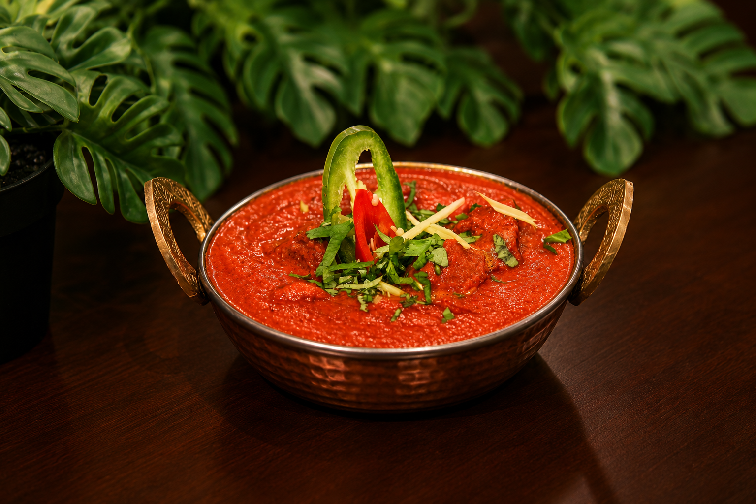 Fish curry in a hammered copper kadai with a rich red sauce, topped with coriander, ginger and a green and red chilli slice, monstera leaves behind
