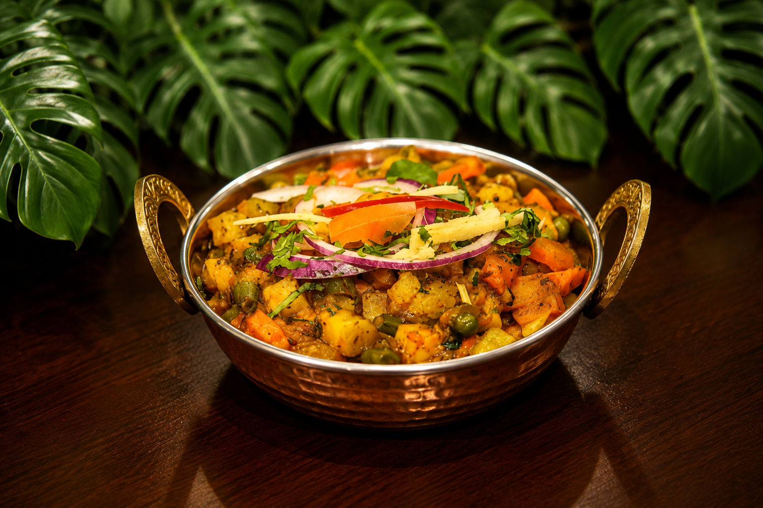 Mixed vegetable subzi in a copper kadai topped with red onion, tomato and ginger