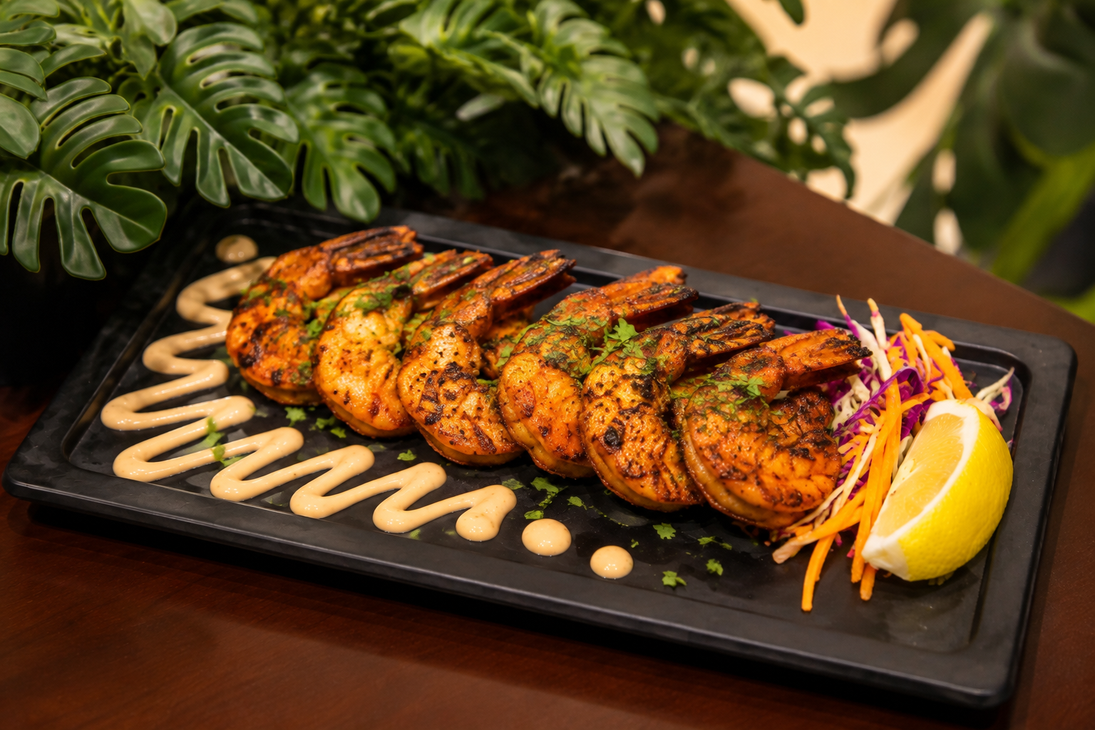 Tandoori prawns with a creamy sauce, slaw and a lemon wedge on a black platter