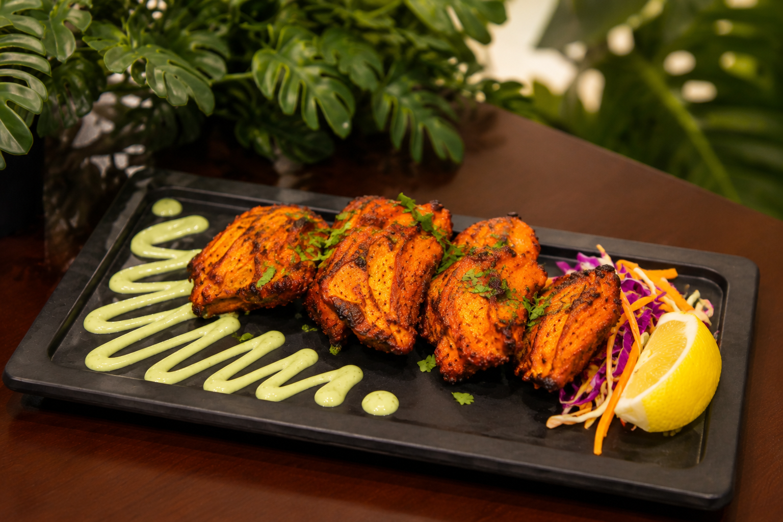Punjabi chicken tikka pieces with mint chutney, slaw and a lemon wedge on a black platter