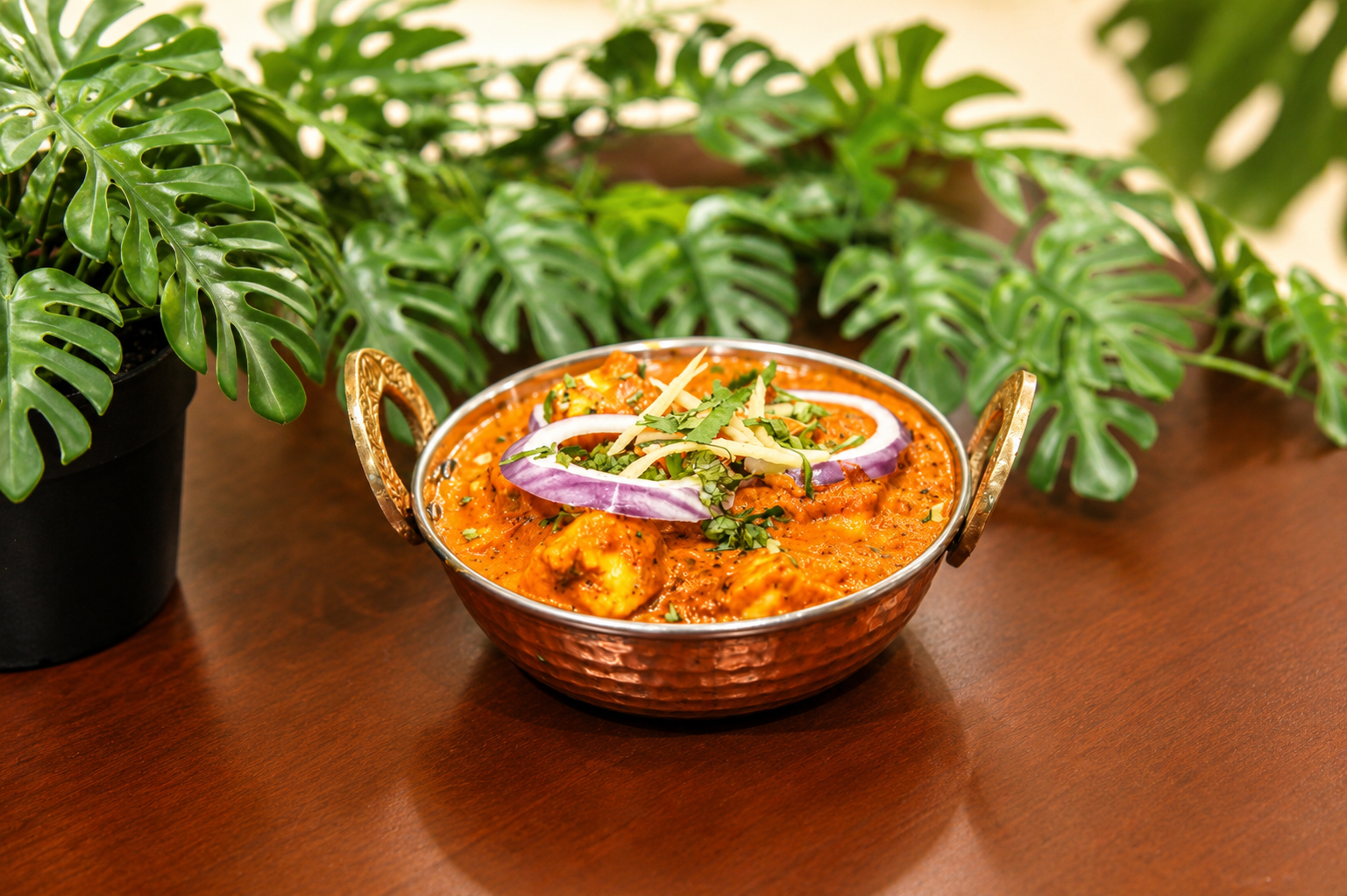 Soya chaap masala in a hammered copper kadai with red onion rings and ginger julienne, monstera leaves behind