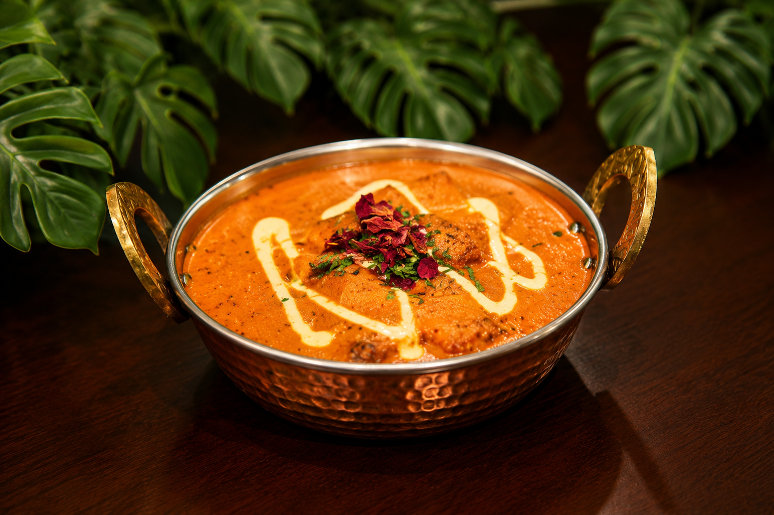 Goan fish curry in a hammered copper kadai with a cream drizzle and dried rose petals, monstera leaves behind