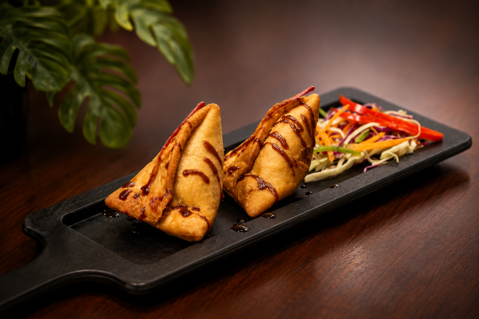 Two samosas drizzled with sauce on a black paddle board with a slaw