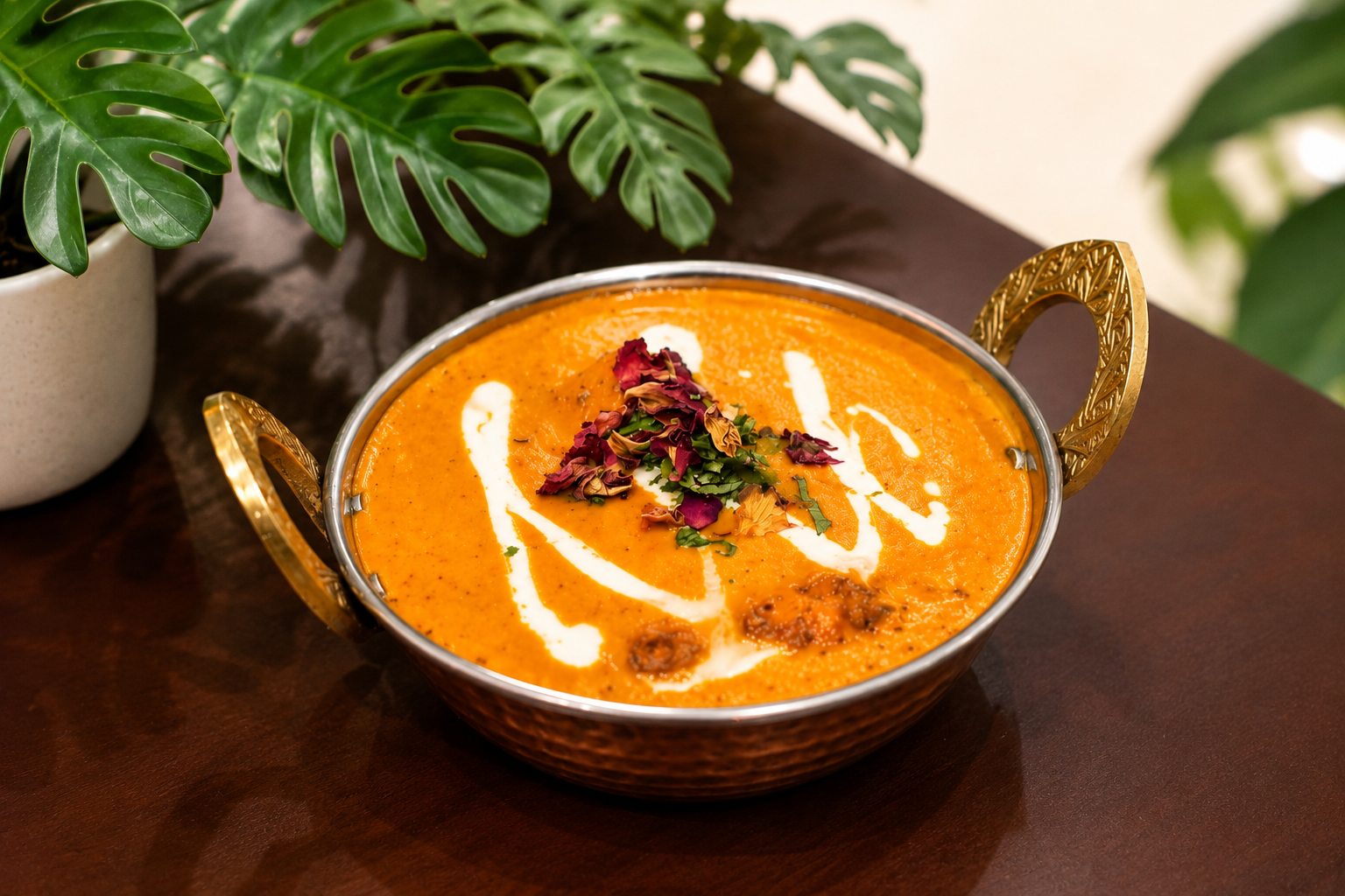 Butter chicken in a hammered copper kadai with a cream swirl and dried rose petals, monstera leaves behind