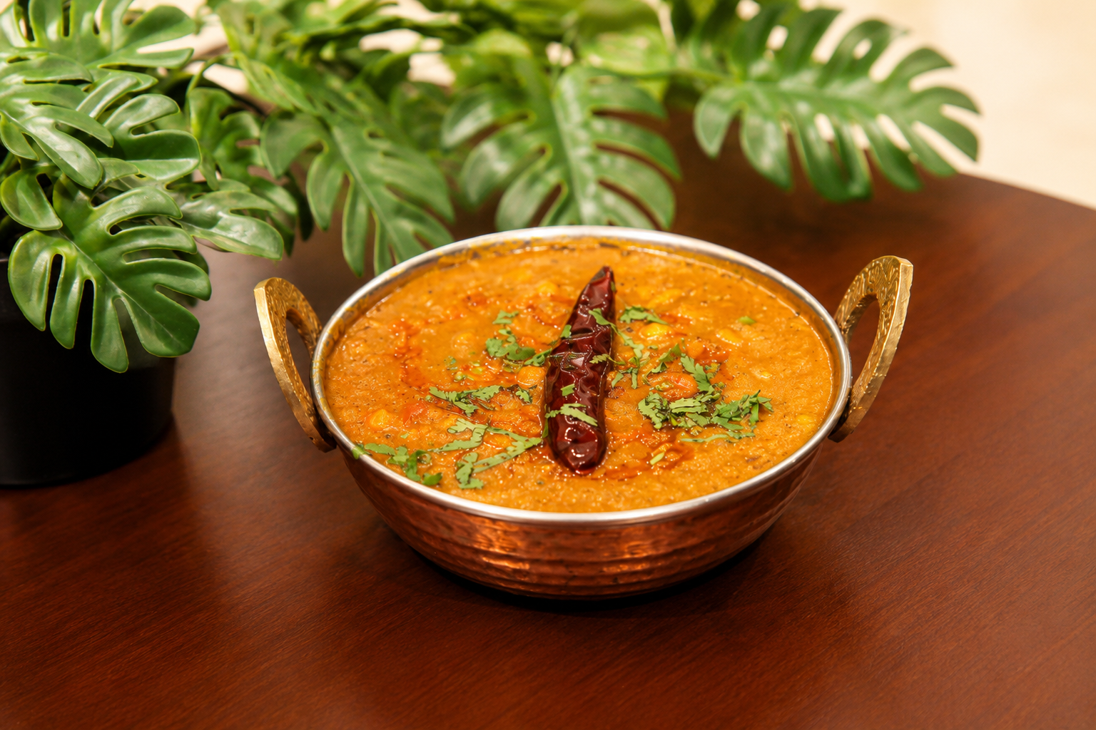 Yellow daal tadka in a copper kadai with a dried red chilli and chopped coriander