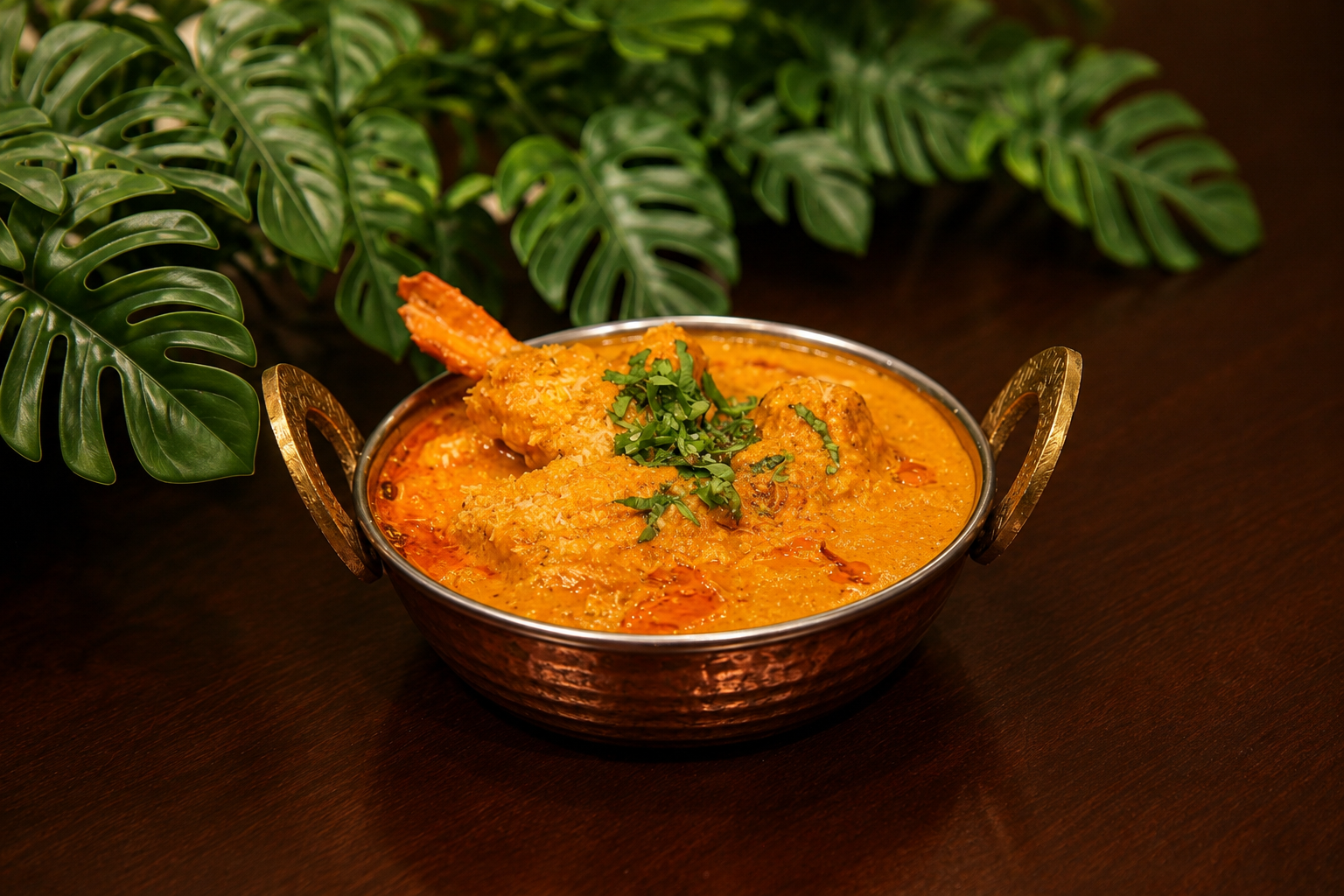 Malabar coconut prawns in a hammered copper kadai with a whole prawn and chopped coriander, monstera leaves behind