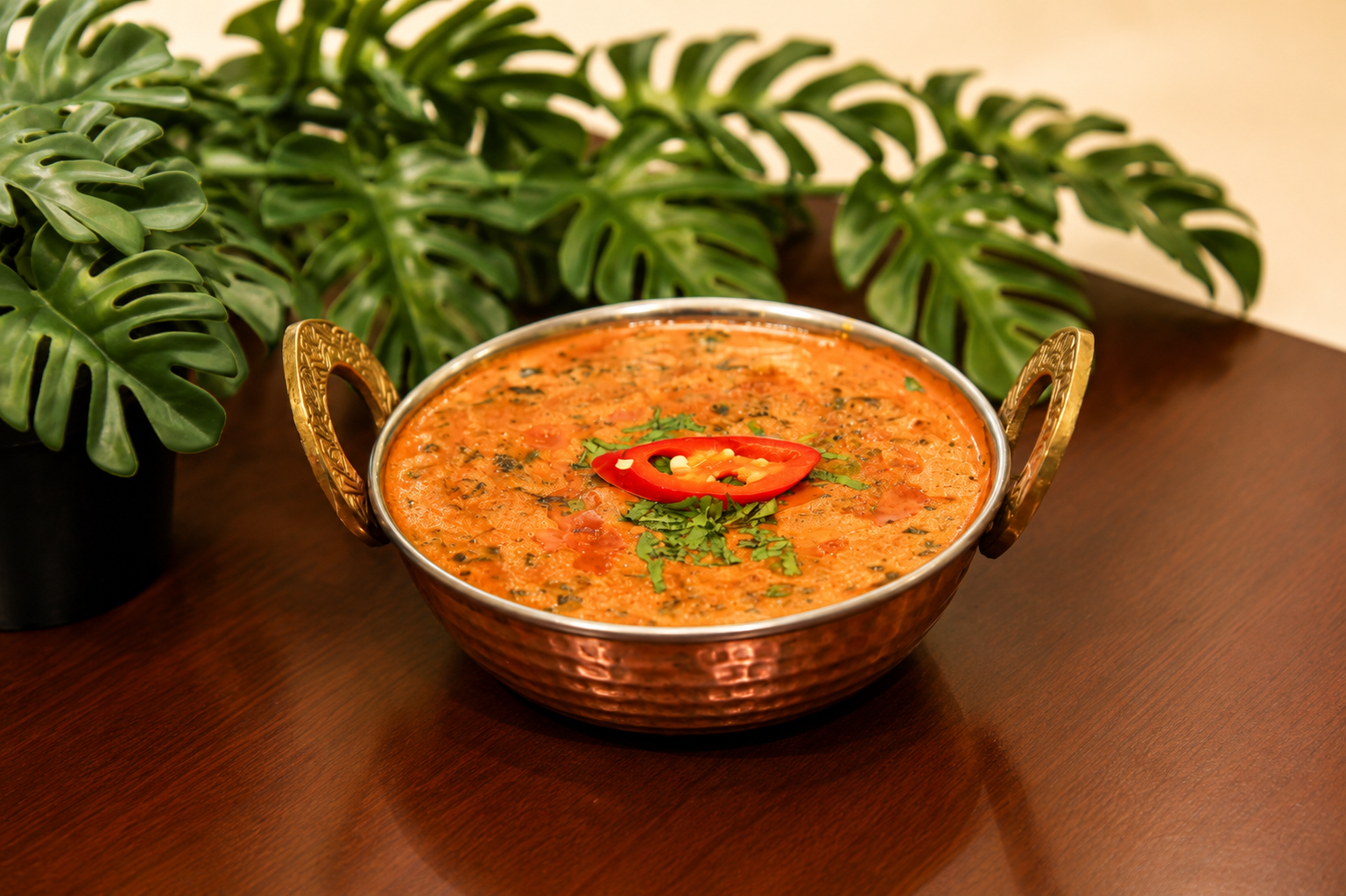 Methi malai matar in a copper kadai topped with fresh coriander and a slice of red chilli